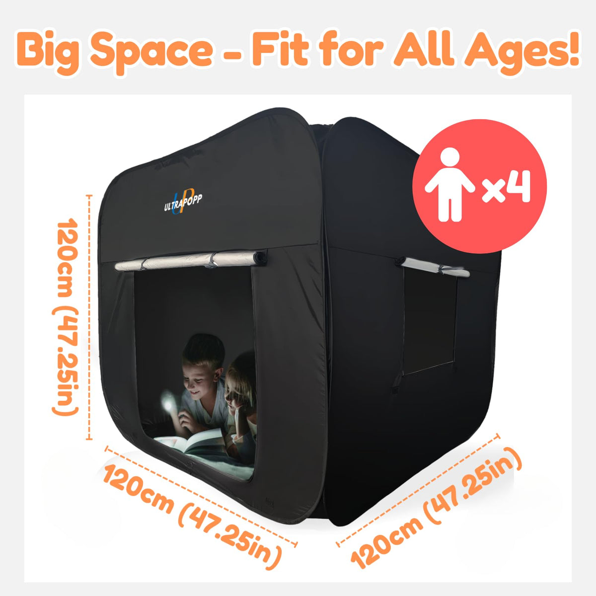 Ultrapopp pop-up sensory tent door and window allow flexible light control.