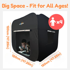 Ultrapopp pop-up sensory tent door and window allow flexible light control.