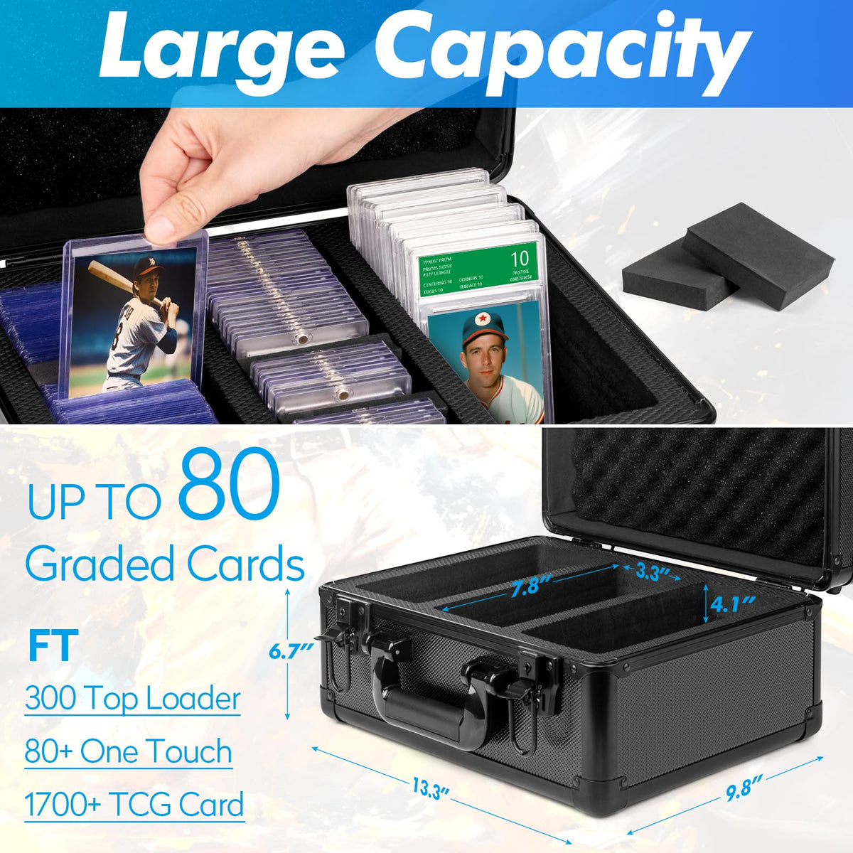 ULTRGEE top loader storage box capacity highlights ample space for 300+ top loaders.