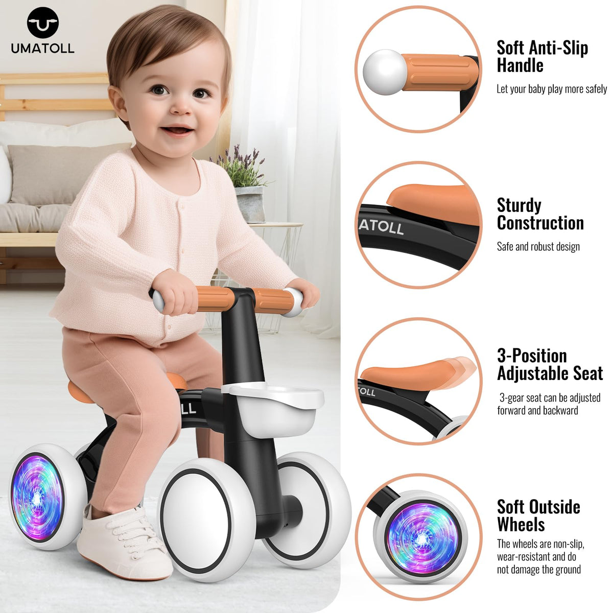 Umatoll Adjustable-seat Balance Bike with 3-position setup for growing toddlers