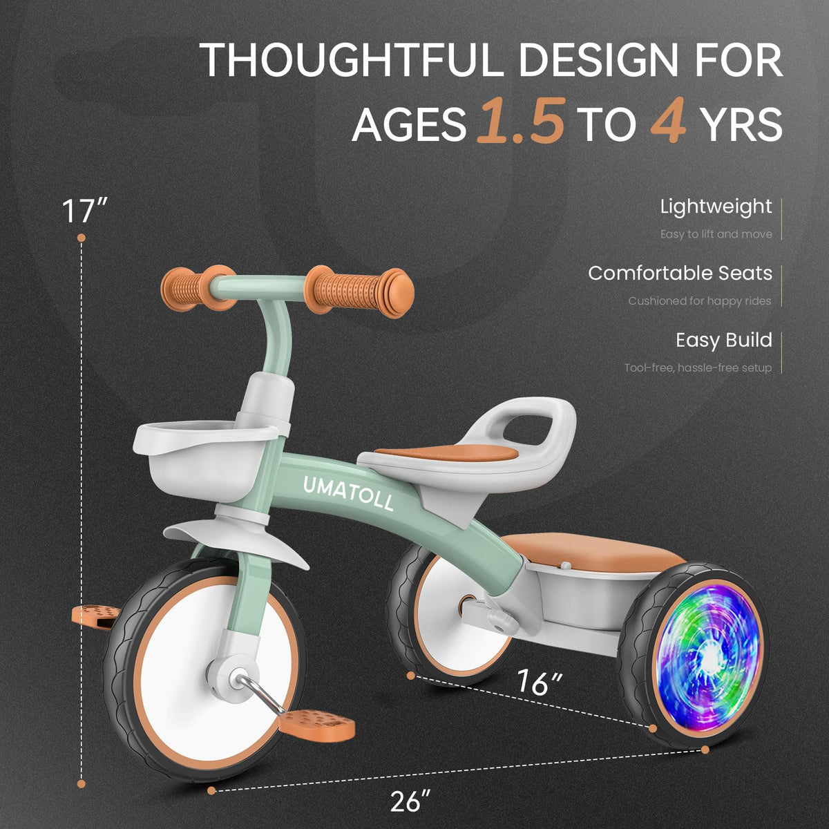 Umatoll toddler tricycle 3-position seat adapts as child grows