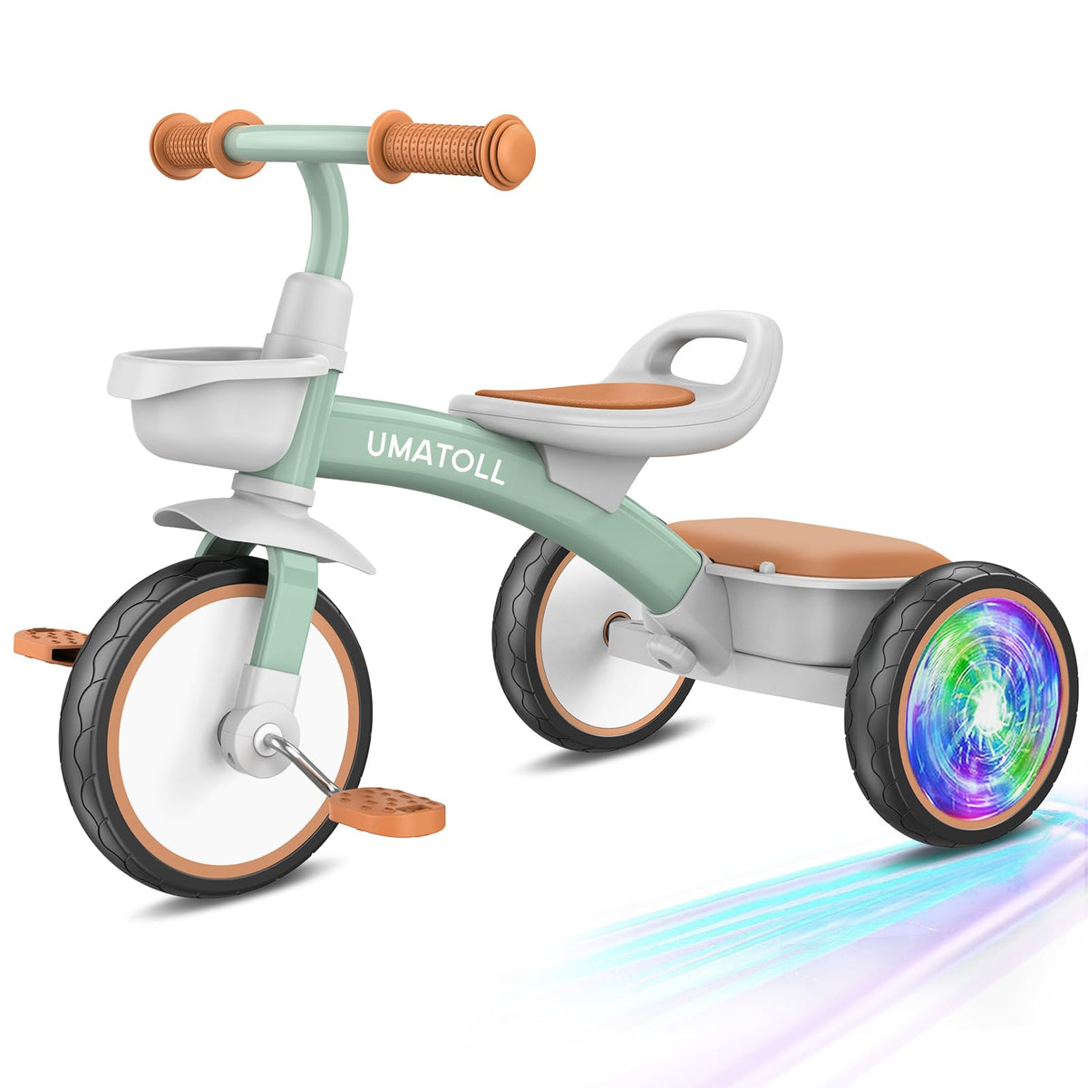 Umatoll toddler tricycle green frame front view shows sturdy design for safe beginner rides