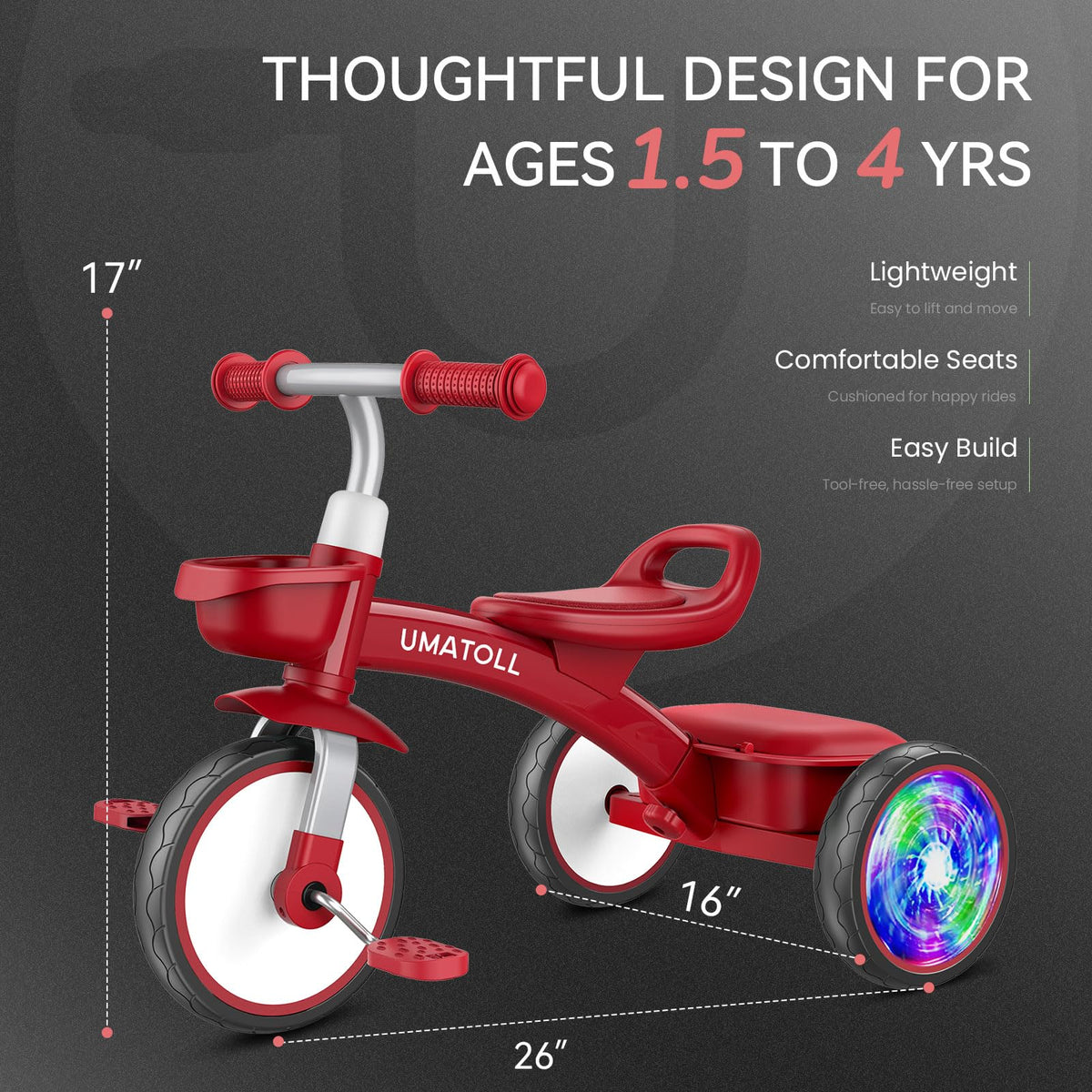 Umatoll Toddler Tricycle child riding enjoying park sessions with light-up wheels.