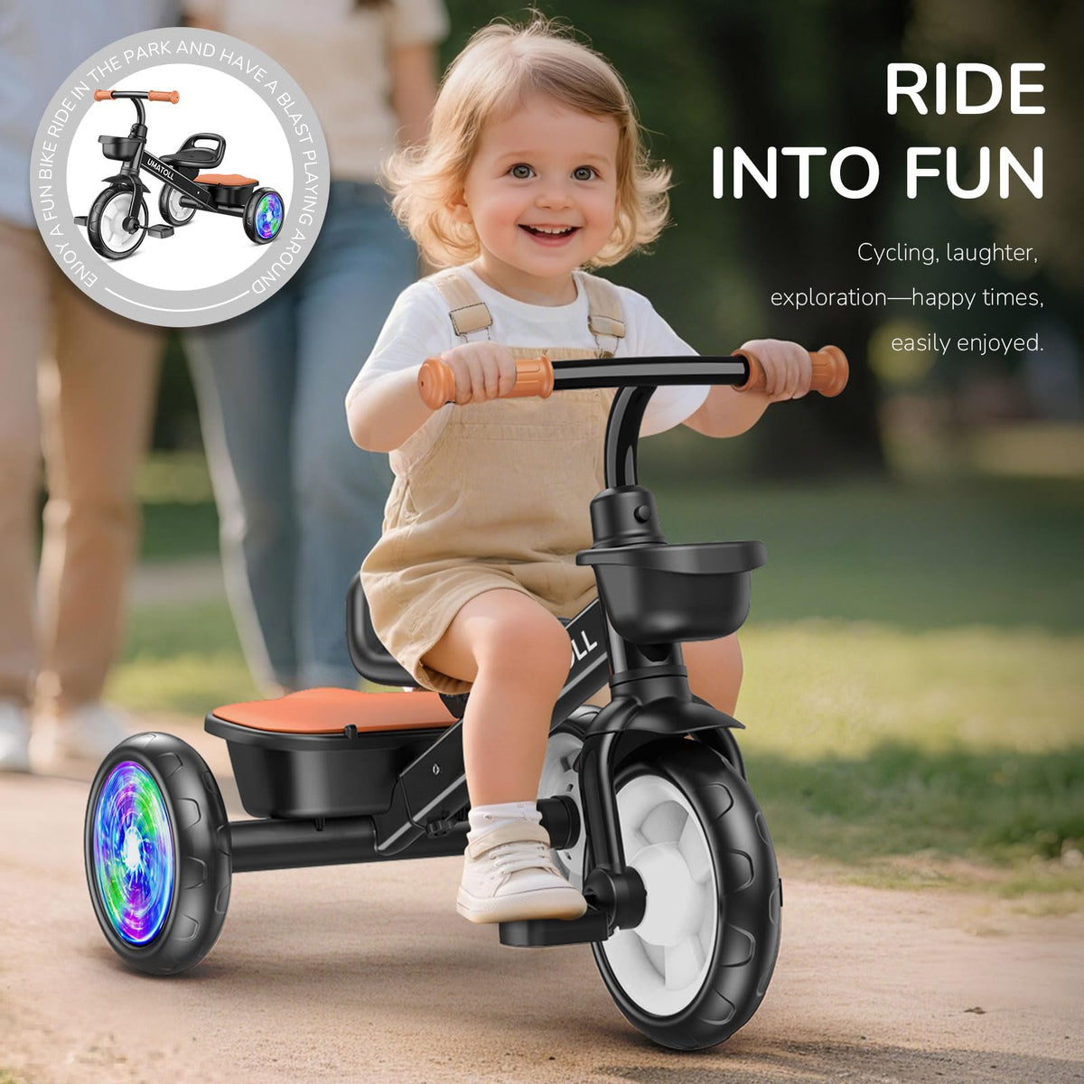 Removable front and rear baskets on the Umatoll tricycle for easy storage.
