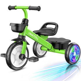 Umatoll tricycle green front view highlighting a sturdy frame for growing toddlers