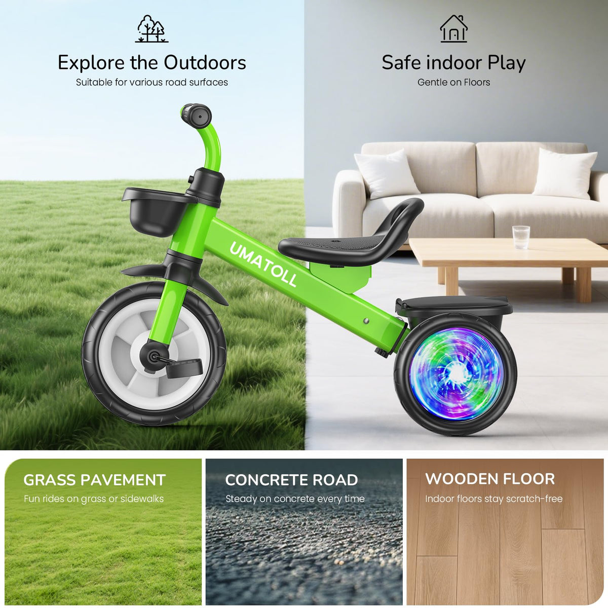 Umatoll tricycle green in-action ride supports early balance and exploration