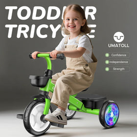 Umatoll tricycle green side view showing stable wide wheelbase for balance