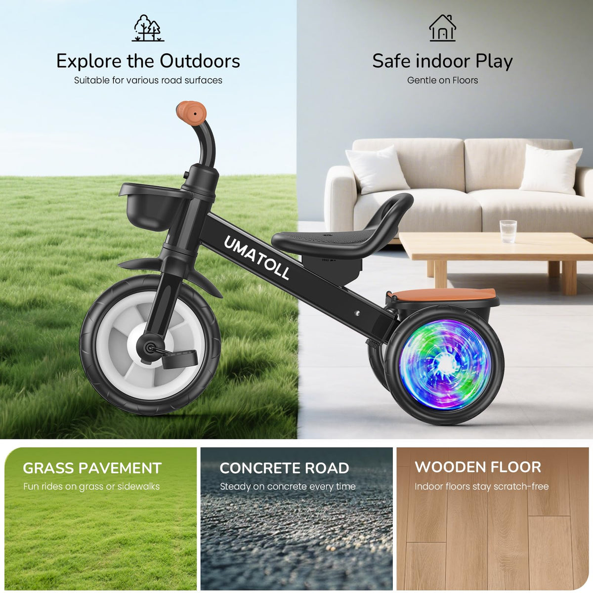 Umatoll tricycle features a kid-friendly design that supports exploration and confidence.