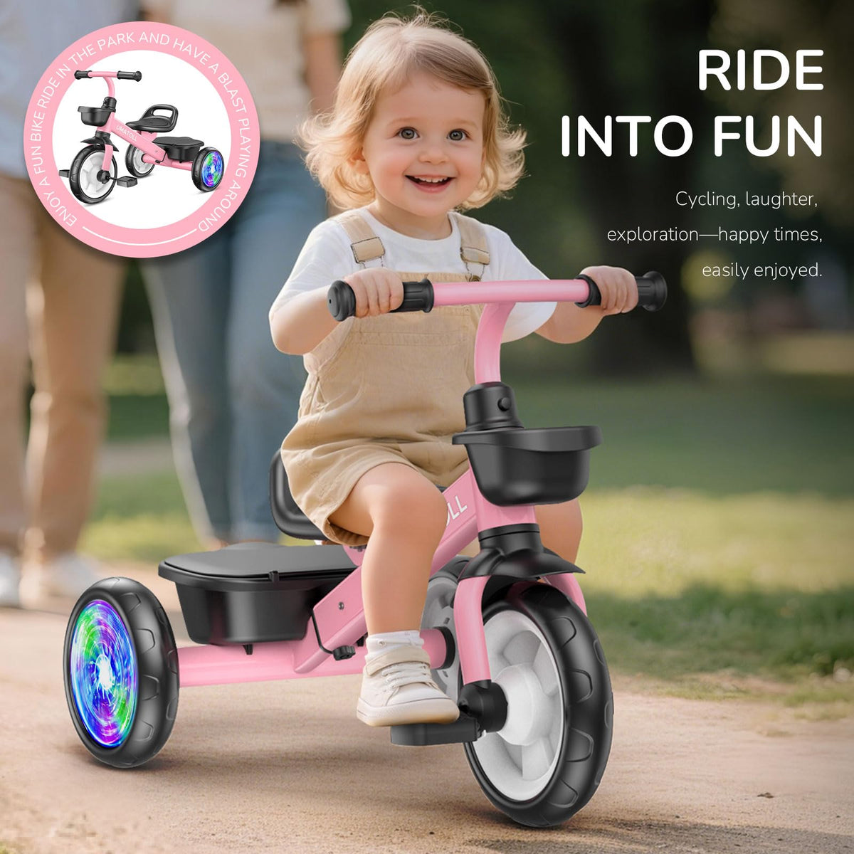 Umatoll tricycle light-up wheels brighten turns without batteries.