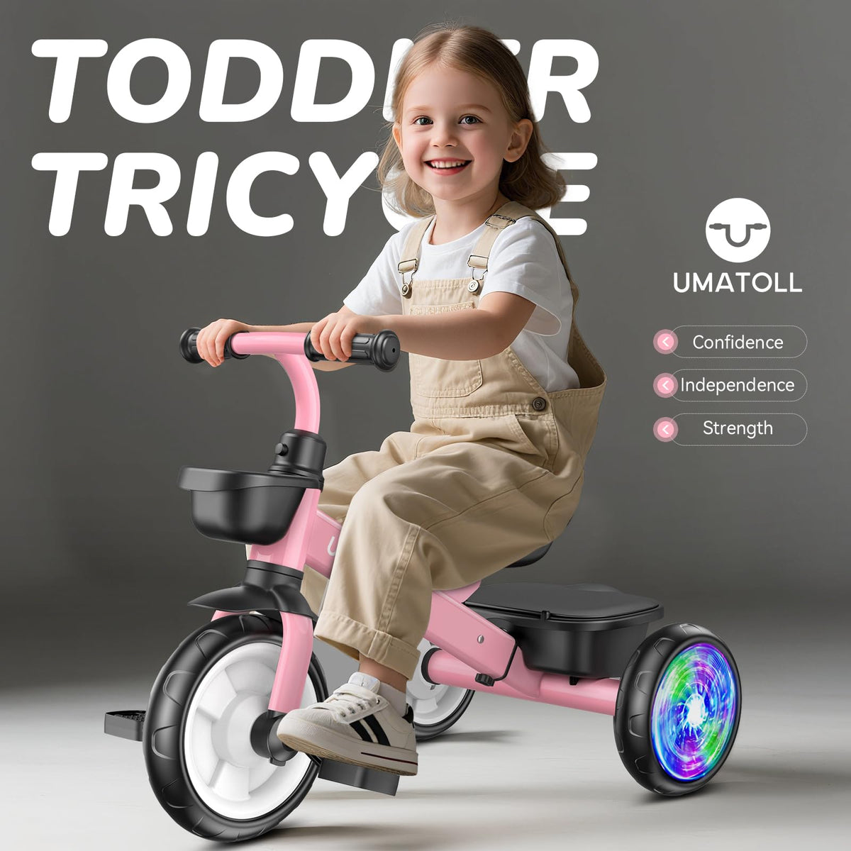 Umatoll tricycle wide-wheelbase supports stable balance during toddler rides.