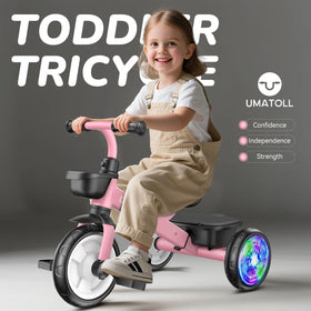 Umatoll tricycle wide-wheelbase supports stable balance during toddler rides.