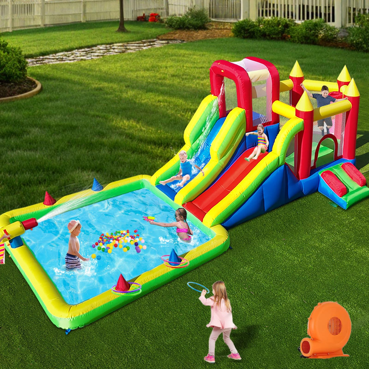 Umbalir 10-in-1 water park front view for backyard thrills and family fun.