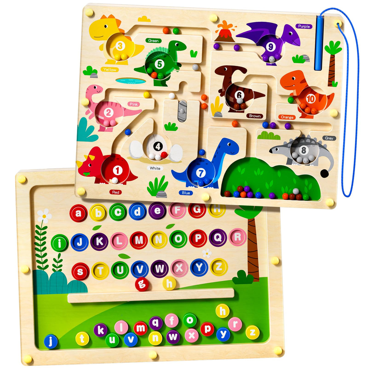 UMEREACT alphabet color maze board with magnetic letters for early literacy and coordination.