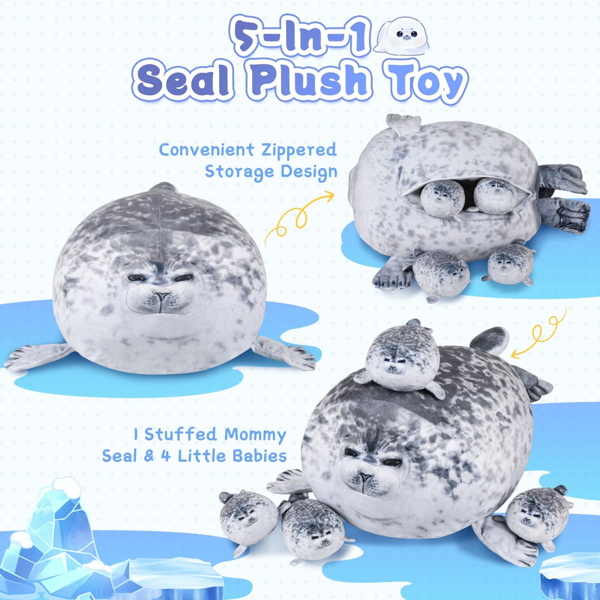 UMIKOOL DIRECT zipper opening on the belly reveals four popping baby seals.