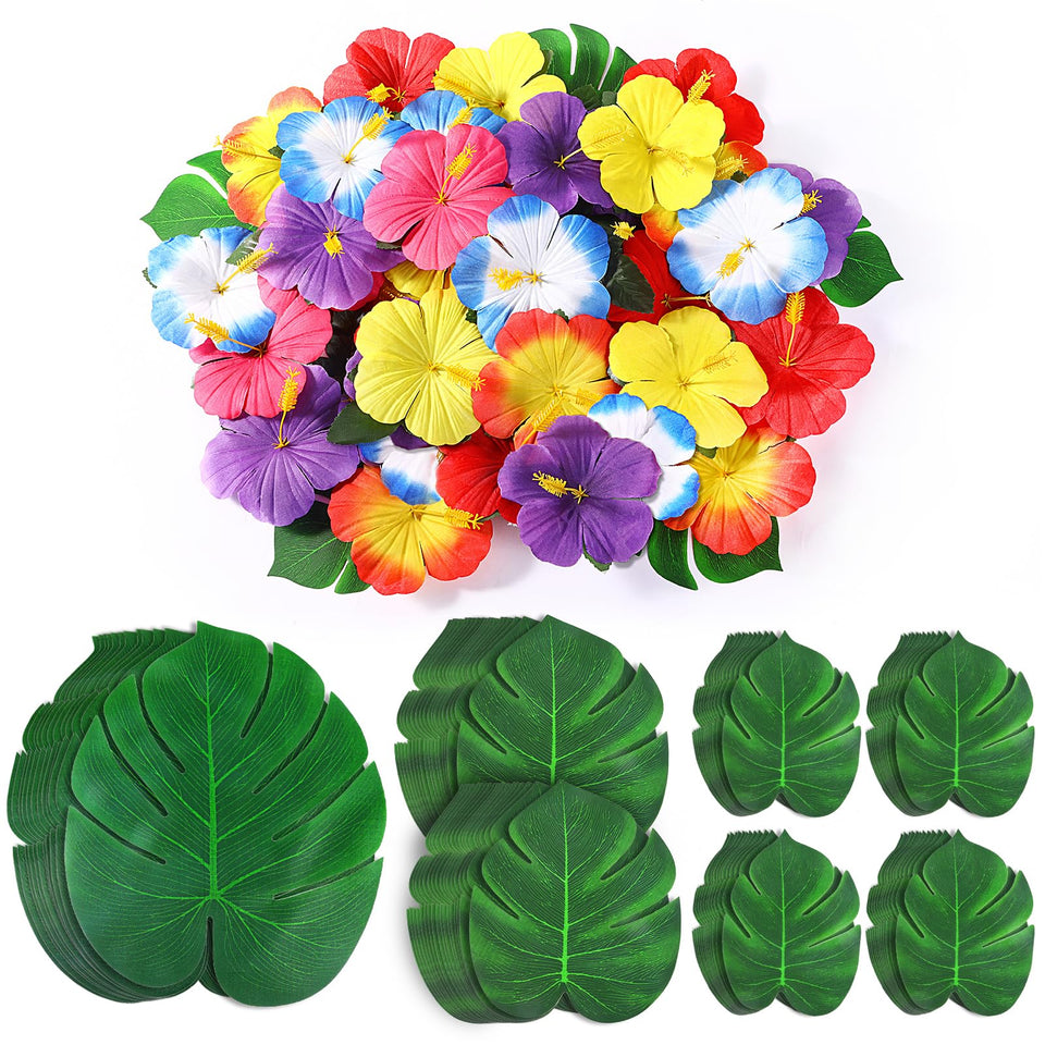 UMIKU 126Pcs Luau palm leaves collection for tropical table decor