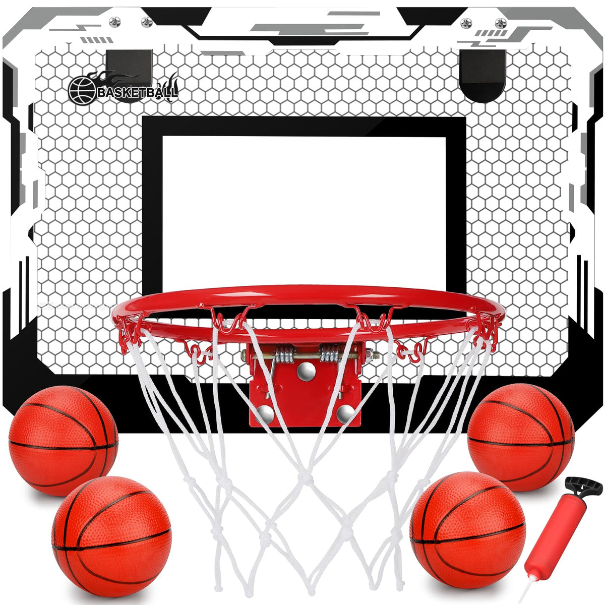 Umnodobn indoor over-door mini basketball hoop setup enables quick practice at home.