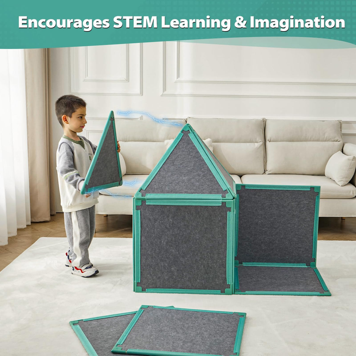 Umoving giant modular playhouse panels assembled into a cozy indoor fort