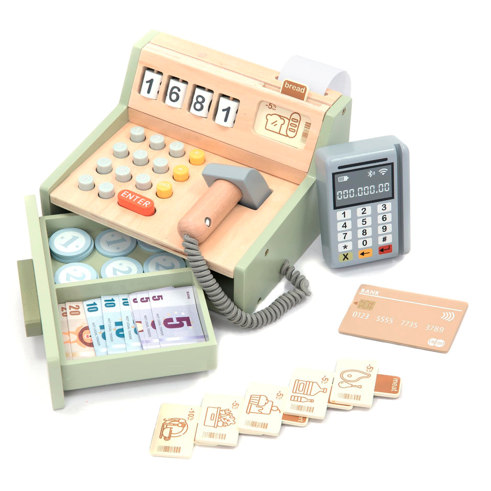 UMU wooden cash register with barcode scanner for kids promotes imaginative play