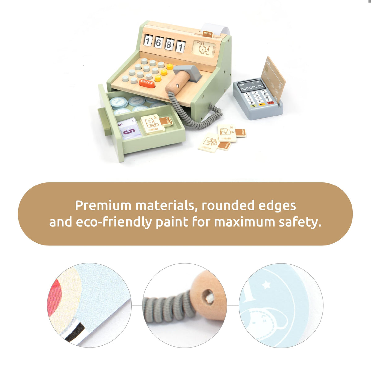 UMU wooden cash register with payment terminal encourages counting and role play
