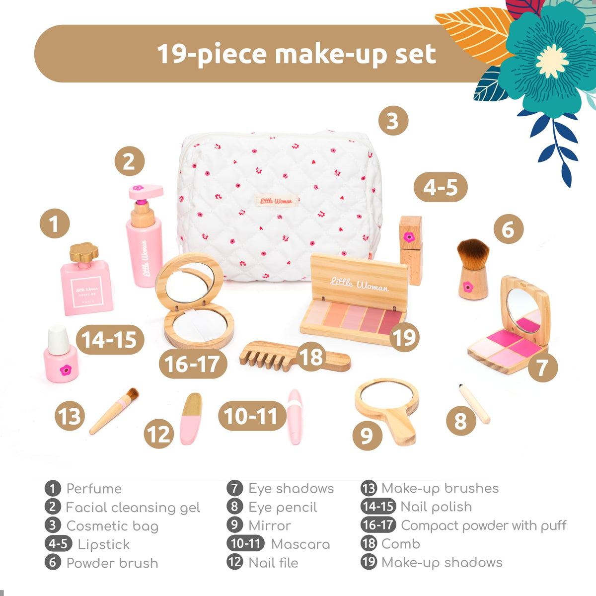 UMU wooden makeup kit cosmetic bag keeps pieces organized for quick play