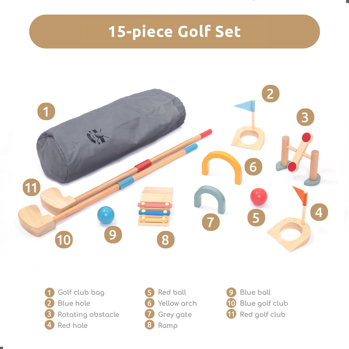 umu wooden mini golf set golf clubs and balls support beginner swing practice at home.