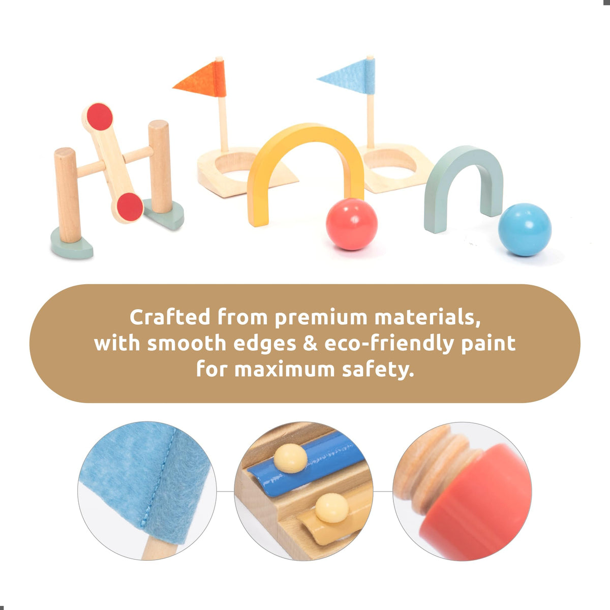 umu wooden mini golf set obstacle gates encourage imaginative play and obstacle course creativity.
