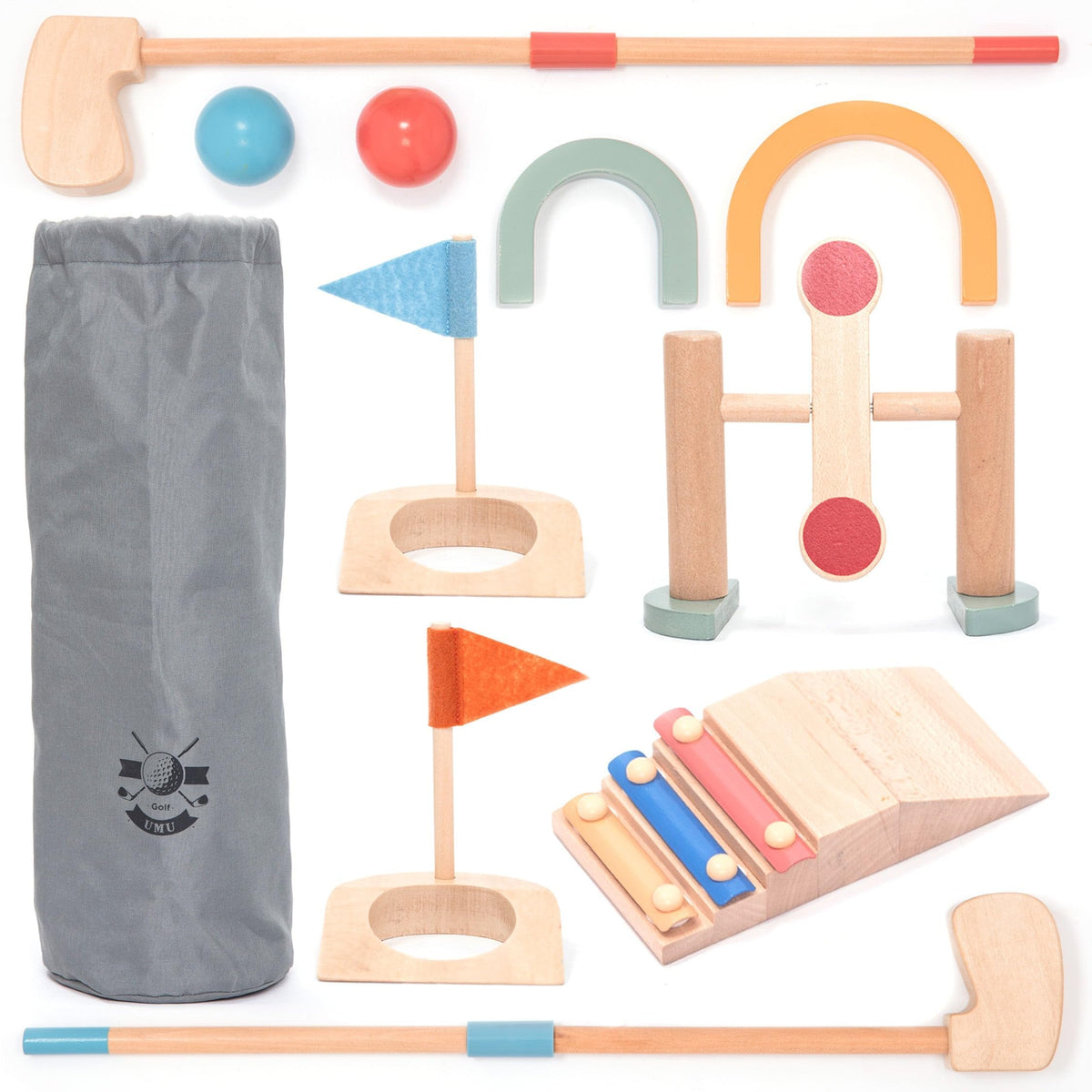 umu wooden mini golf set practice area shows kids learning coordination indoors and outdoors.