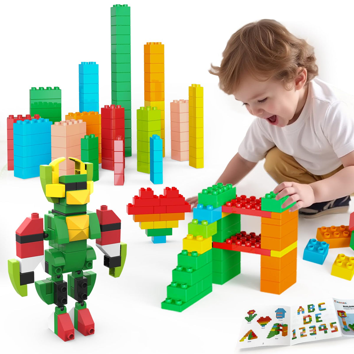 Unasas 209-piece building blocks robot in motion for imaginative play and STEM exploration.