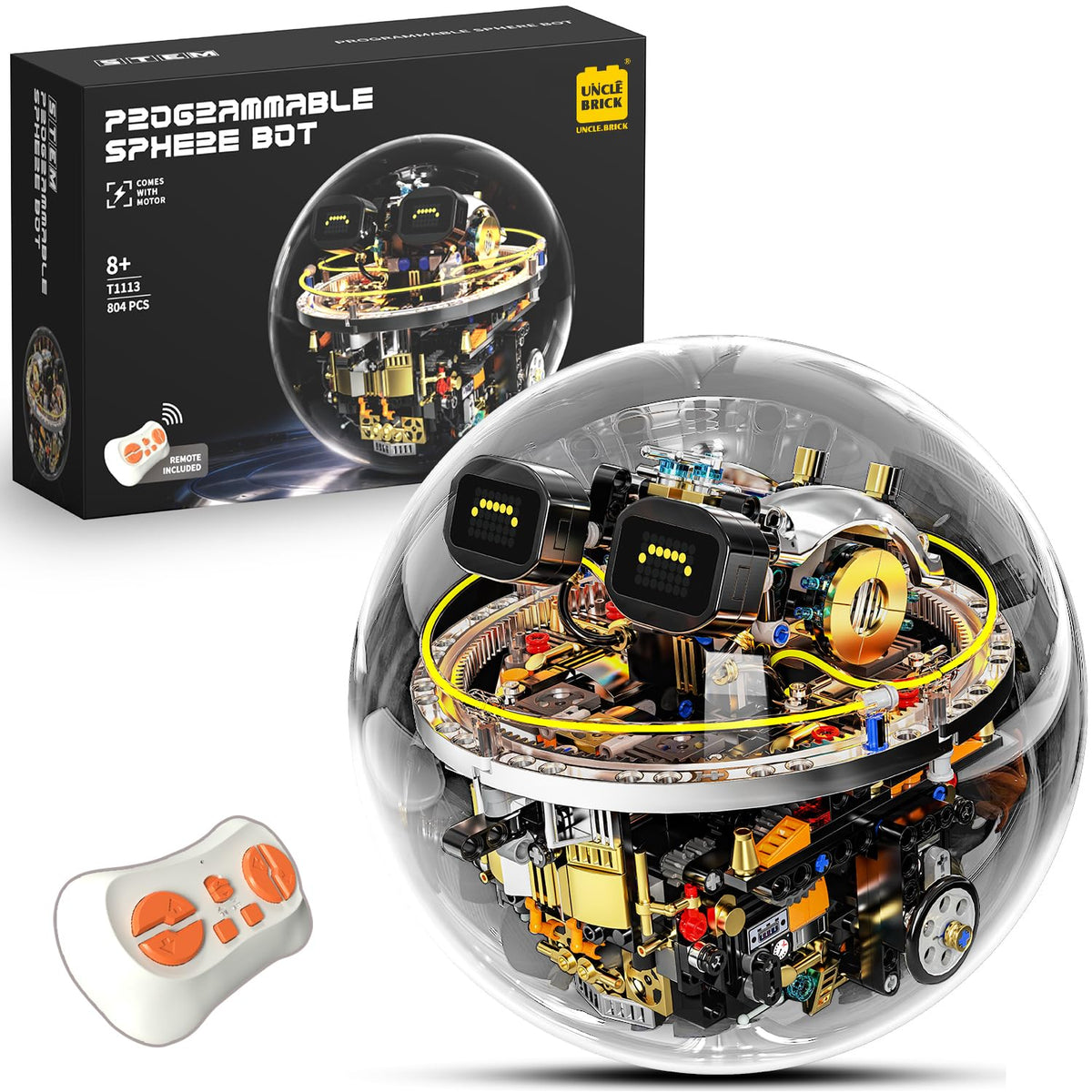 UNCLE BRICK transparent spherical robot set featuring clear blocks for hands-on learning and display.