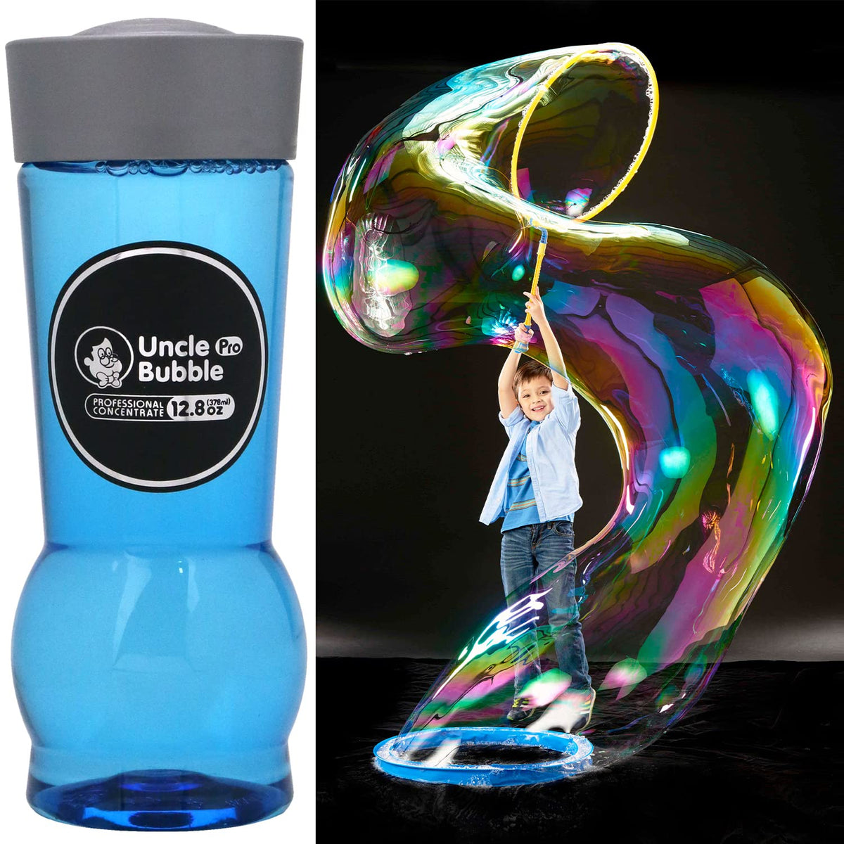 Uncle Bubble 12.8 oz bottle with silver cap for long-lasting bubbles.