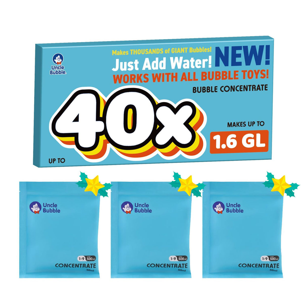 Uncle Bubble concentrated solution ready for flexible dilution to big or small bubbles