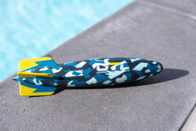 Bright blue camouflage enhances visibility during lively pool play