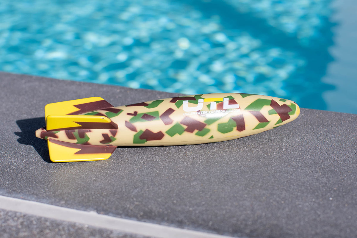 Underwater Torpedo League torpedo glider, camouflage design blends with pool surroundings.