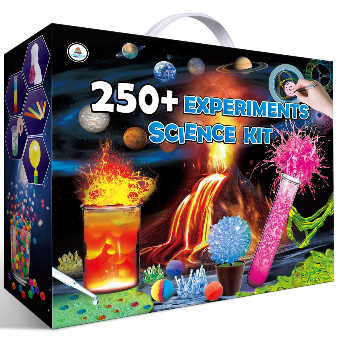 UNGLINGA 250+ experiments kit on the box front inspires curiosity and learning