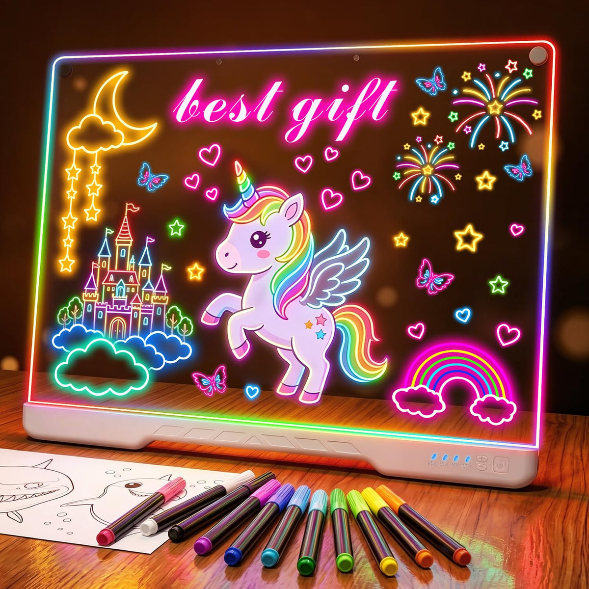 Unicelucky 16 inch LED drawing board on table glowing for neon style sketches