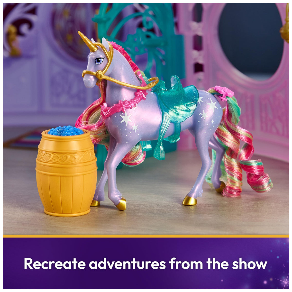 Unicorn Academy Bubble bucket adds bubbly sensory moments to pretend journeys.