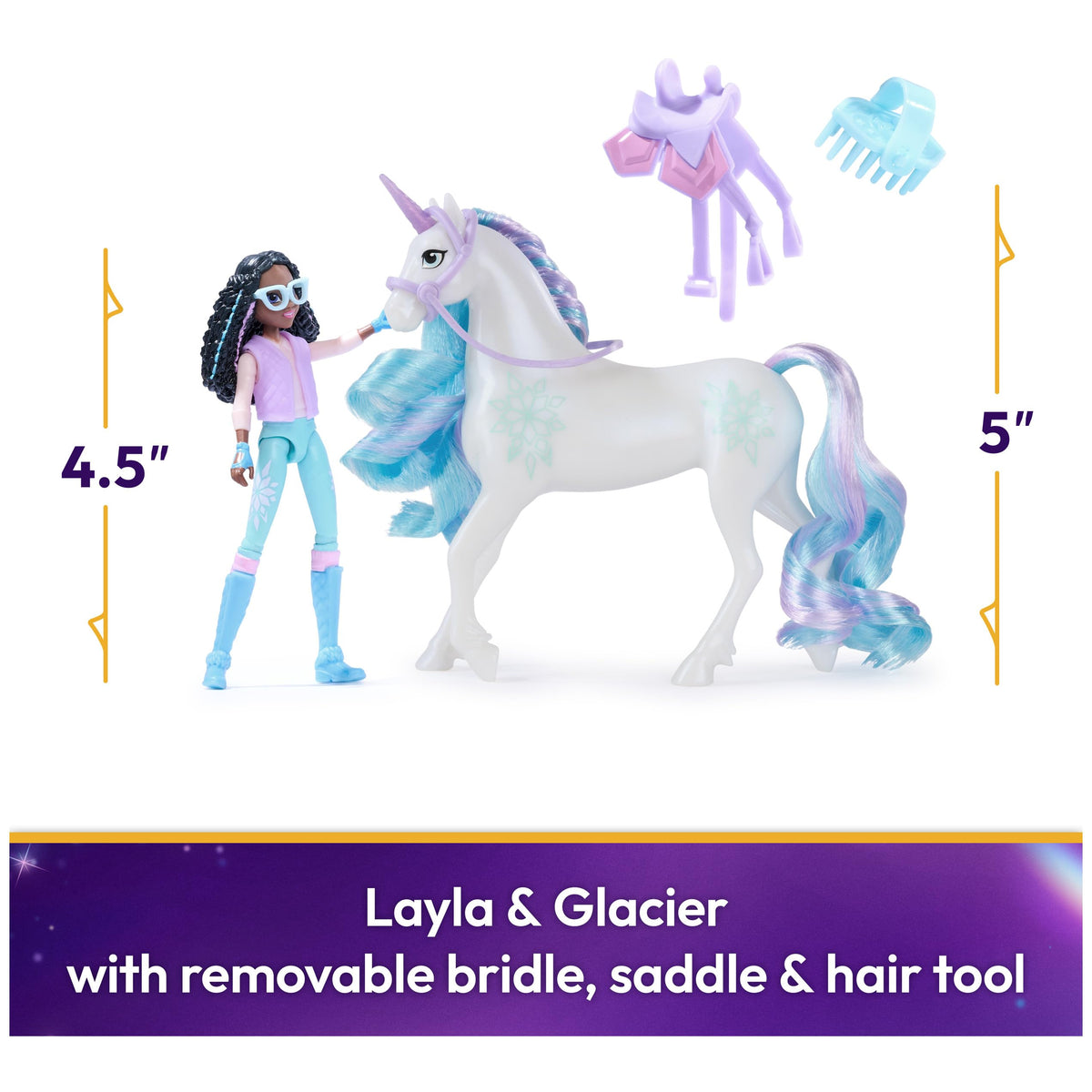 Unicorn Academy Glacier unicorn beside Layla to inspire adventures