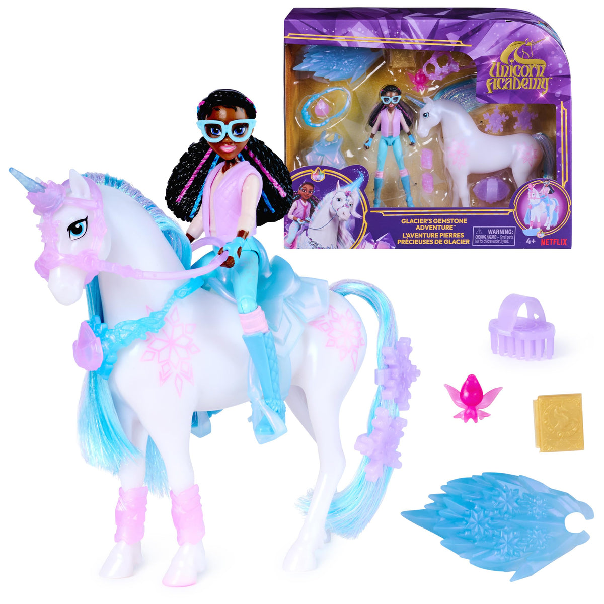 Unicorn Academy Layla doll beside Glacier for imaginative adventures.
