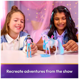 Removable bridle and saddle allow Layla to ride Glacier smoothly.