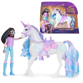 Unicorn Academy Layla doll posing beside Glacier for imaginative play