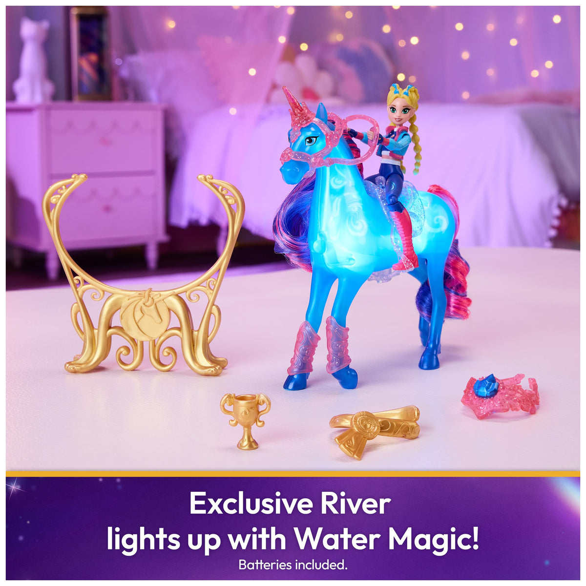 River light-up unicorn glows with Water Magic during training in Unicorn Academy.
