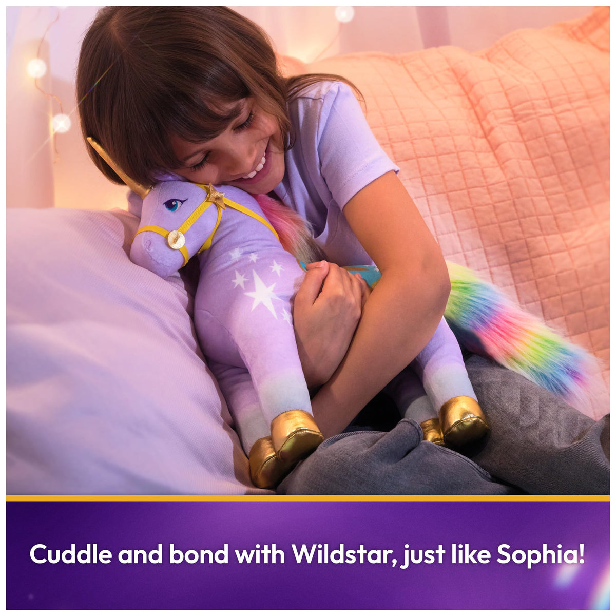 Wildstar gold hooves and horn shine against lilac fur for magical cues