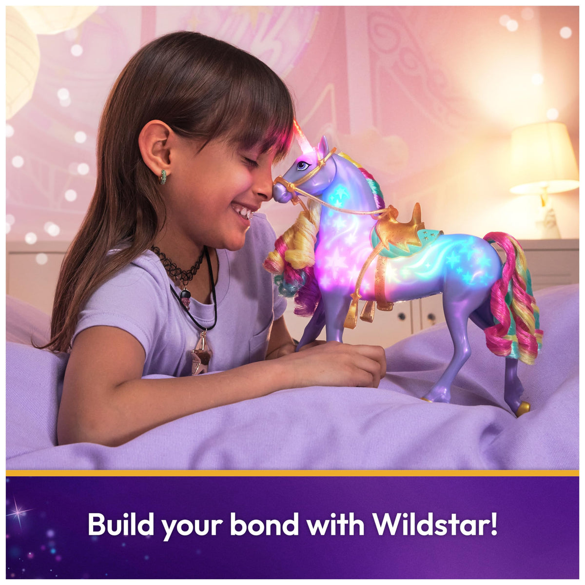 Unicorn Academy Wildstar lights shimmer rainbow as trust grows.