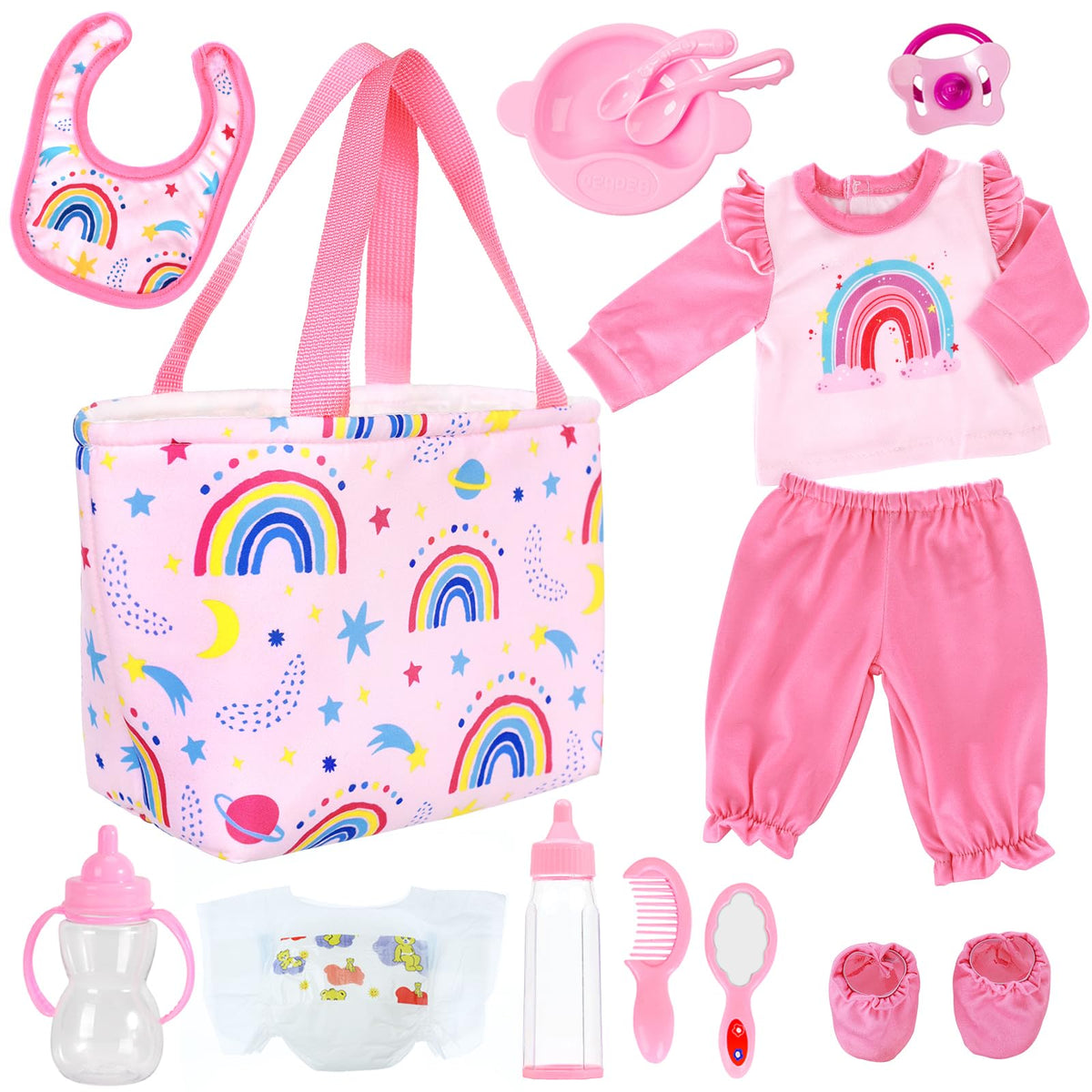 UNICORN ELEMENT 13-piece care set on display showing doll clothes and feeding items for imaginative play