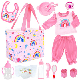 UNICORN ELEMENT 13-piece care set on display showing doll clothes and feeding items for imaginative play