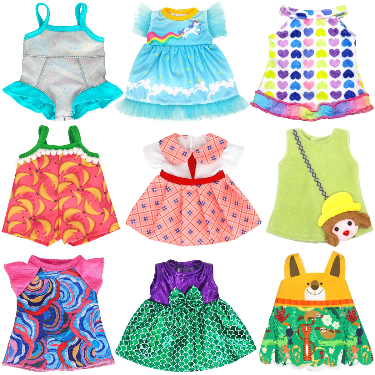 UNICORN ELEMENT 9-set alive doll outfits with colorful dresses for 10-12 inch dolls.