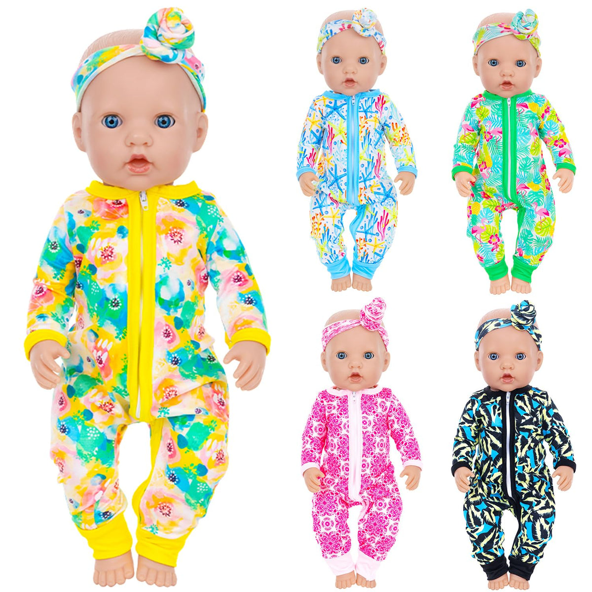 UNICORN ELEMENT leaf-pattern jumpsuit for 14-18 inch dolls with vivid, soft fabric.