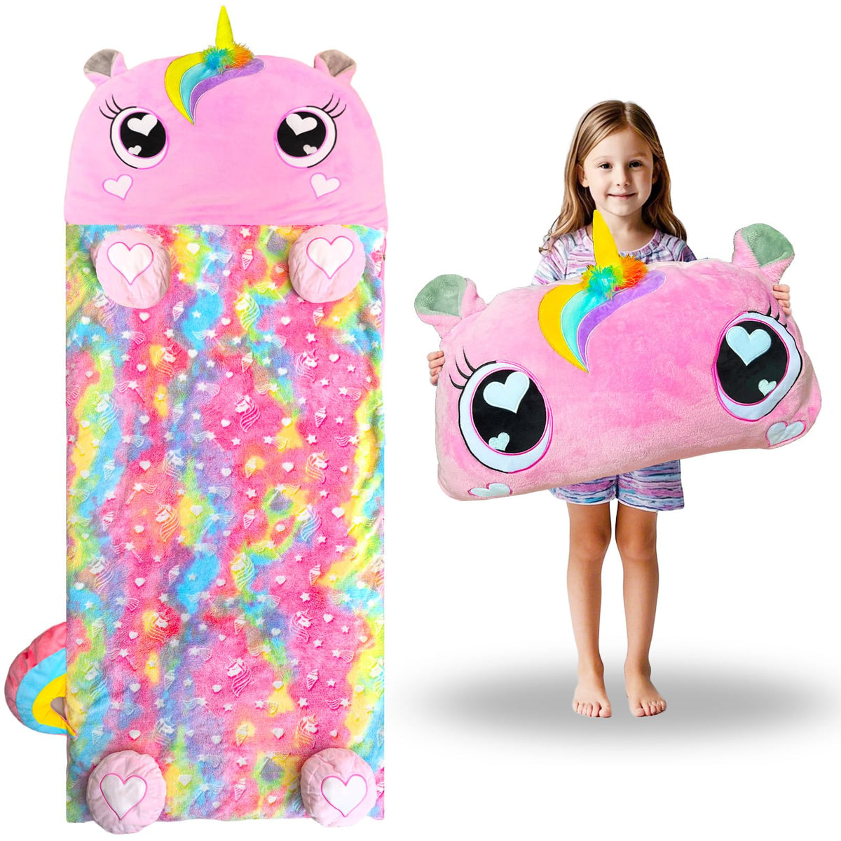 Unicorn Slumber sleeping bag folded into a cuddly toy for playtime