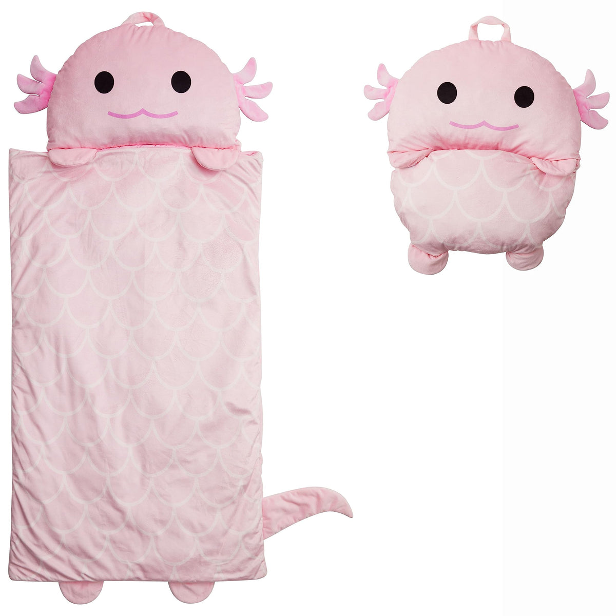 Unicorns and Robots Nap Buddy Axolotl sleeping bag close-up shows plush fabric