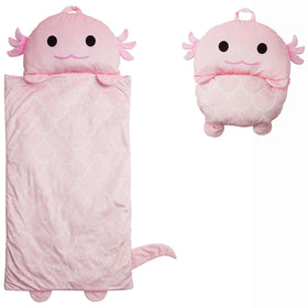 Unicorns and Robots Nap Buddy Axolotl sleeping bag close-up shows plush fabric